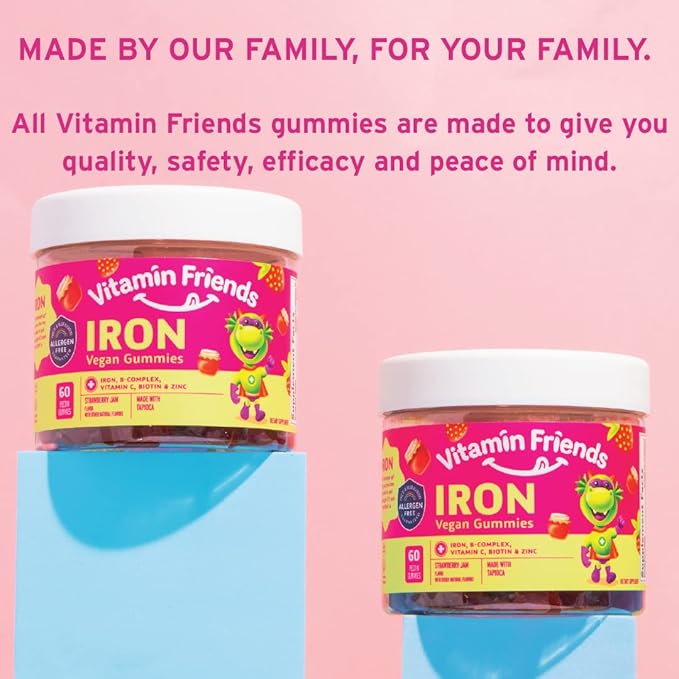 Vitamin Friends - Vegan Multivitamin & Iron for Kids - Daily Nutritional Support Gummies w/Ferrous Fumarate B-Complex, Vitamin C, Zinc, Biotin - Body Function & Anemia - Strawberry Jam(60 Day Supply)