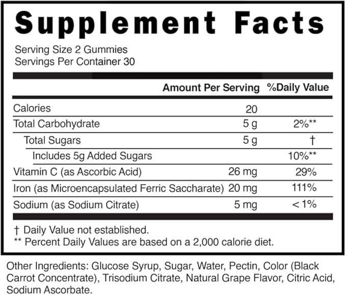 Maximum Iron Formula Iron Supplement Gummies, Vegan Iron Gummies, High Potency Iron Gummies for Women and Men with Vitamin C, Chewable Iron, Vitamin C for Adults, 20mg Iron, Natural Grape Flavor