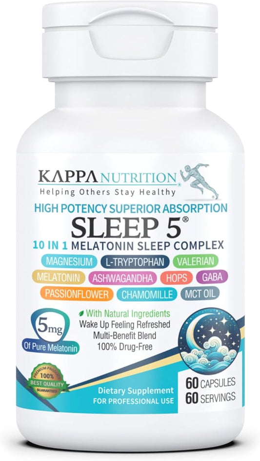 KAPPA NUTRITION Sleep 5, Sleep Aid, 5mg of Melatonin, 60-Day Supply, Non-Habit Forming Vegan Capsules Natural Ingredients for Easier Bedtime, Herbal Supplement, Valerian Root, Chamomile Non-GMO