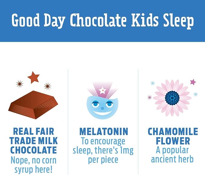Good Day Chocolate Melatonin for Kids [50 Count] - Fair Trade Non-GMO Chocolate with Chamomile and Melatonin 1 mg - Toddler Melatonin, Kids Natural Sleep Aid for Ages 3 and Up