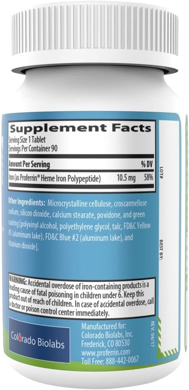 Proferrin ES- 10.5mg of high Absorbing Heme Iron Polypeptide. Made in The USA. 90 Tablets. Easy on The Gut. Not affected by Coffee, Calcium, or PPI's.