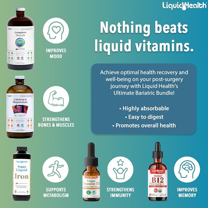 Liquid Health Ultimate Bariatric Liquid Vitamin Supplement Bundle - Adult Daily Bariatric Multivitamin with Iron, Calcium, Magnesium, Vegan Vitamin D3 & Organic B12 - Bariatric Surgery Must Haves