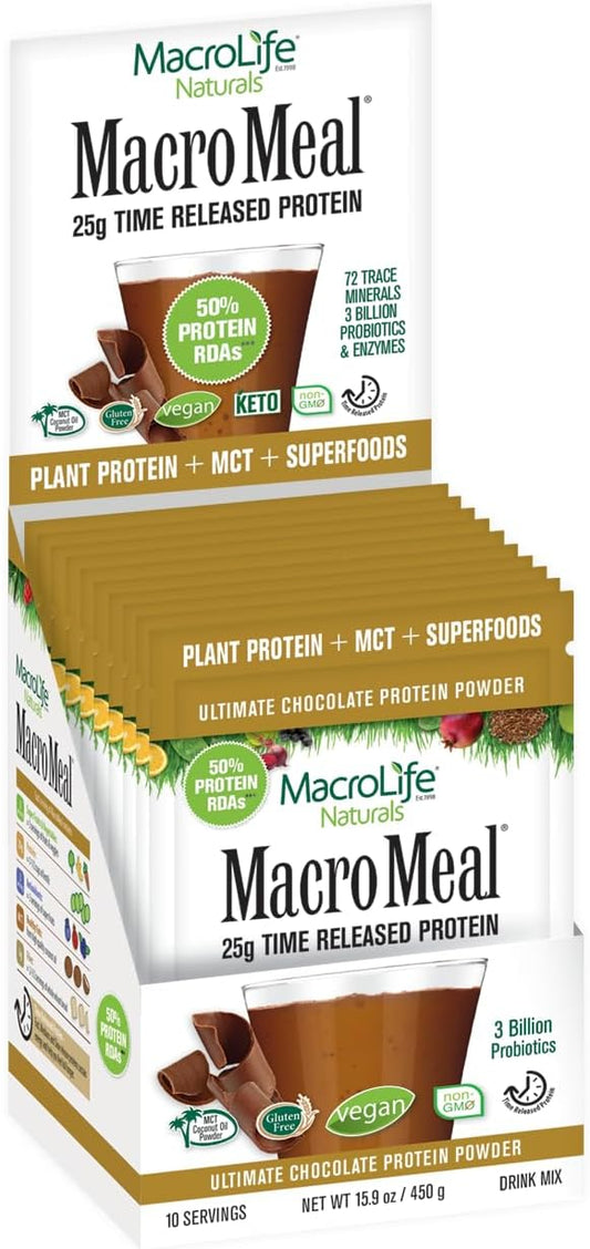 MacroLife Naturals MacroMeal Vegan Chocolate Superfood Supplement Powder Protein + Greens, Probiotics, Digestive Enzymes, Fiber - Energy, Detox, Immune - Non-GMO, Gluten-Free - 10 Packet Servings