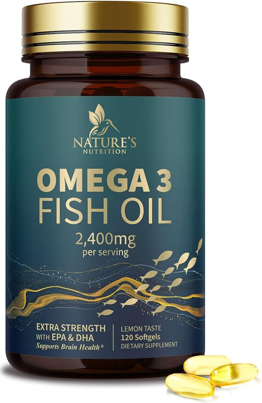 Triple Strength Omega 3 Fish Oil - 2400 mg Natural Omega-3 Supplements Support Brain, Heart & Joint Health with EPA & DHA Essential Fatty Acids - Lemon Flavor, Burpless, Wild Caught - 120 Softgels