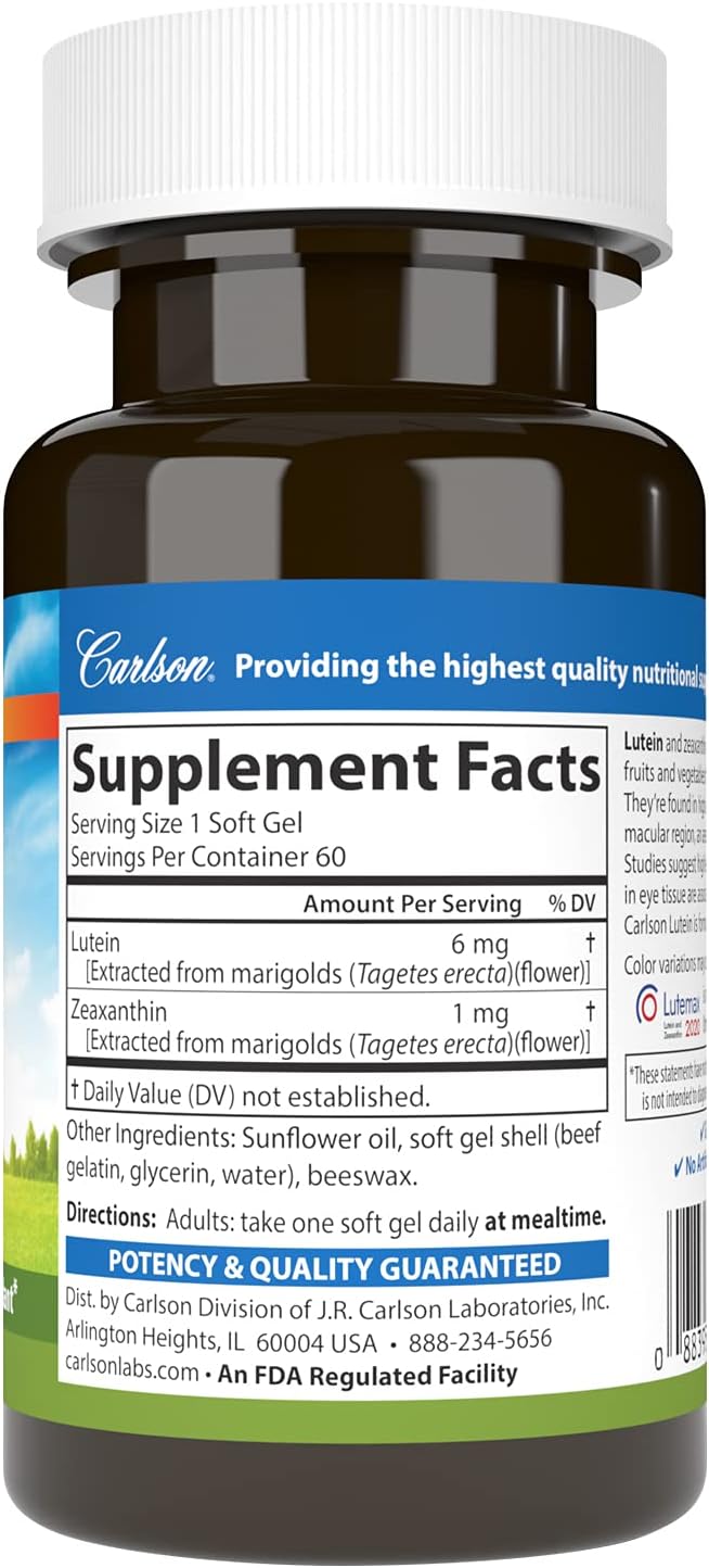 Carlson - Lutein, 6 mg, Healthy Vision & Eye Function, Antioxidant, 60 Softgels