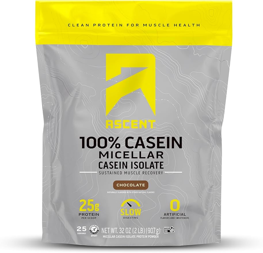 Ascent Casein Protein Powder - 25g Micellar Casein Powder with Zero Artificial Flavors & Sweeteners, Gluten-Free, No Added Sugar, 4.9g BCAA, 2.2g Leucine - Chocolate, 2 Pounds