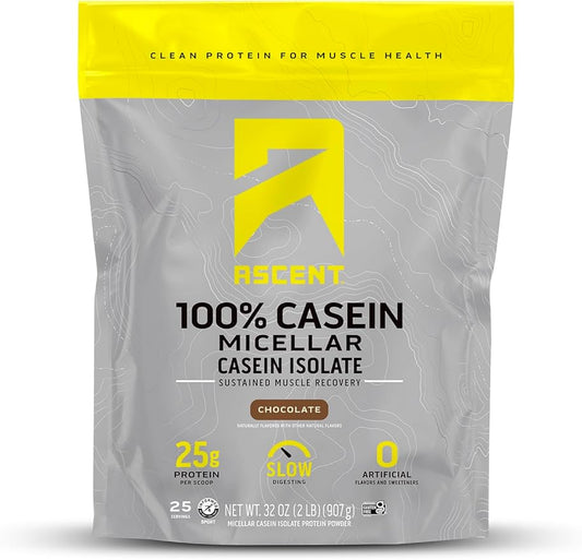 Ascent Casein Protein Powder - 25g Micellar Casein Powder with Zero Artificial Flavors & Sweeteners, Gluten-Free, No Added Sugar, 4.9g BCAA, 2.2g Leucine - Chocolate, 2 Pounds