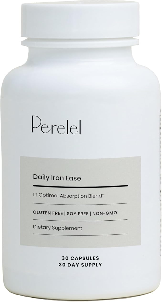 Perelel Daily Iron Ease - 15mg Iron Supplements for Women, New Mothers and Men - Dairy, Gluten and Soy Free + Non GMO Iron Capsules with Vitamin C + Magnesium - (30 Pills)