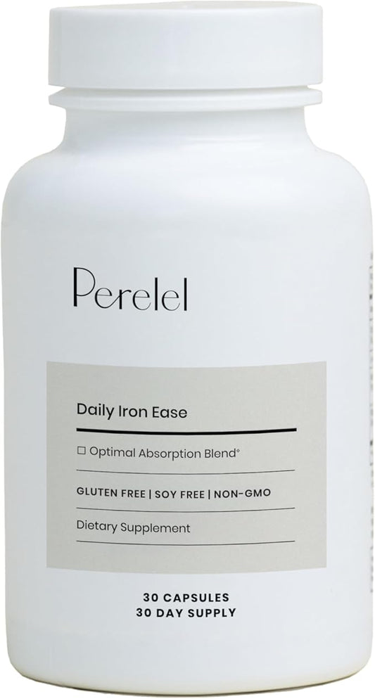 Perelel Daily Iron Ease - 15mg Iron Supplements for Women, New Mothers and Men - Dairy, Gluten and Soy Free + Non GMO Iron Capsules with Vitamin C + Magnesium - (30 Pills)
