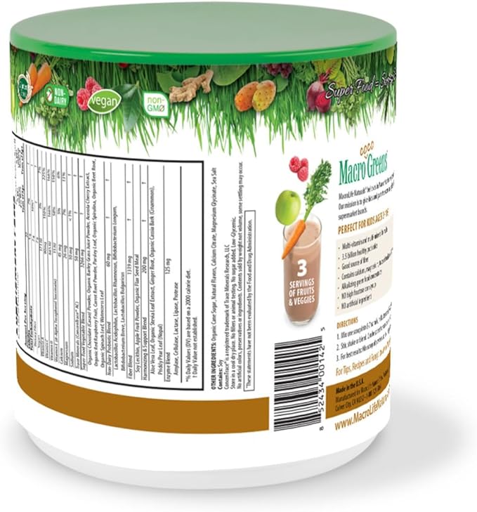MacroLife Naturals MacroCoco Greens Chocolate Superfood Powder for Kids Raw Fruits Veggies Probiotics & Digestive Enzymes, Immunity Energy, Non-GMO, Vegan, Gluten, Dairy Free - 7oz (32 Servings)