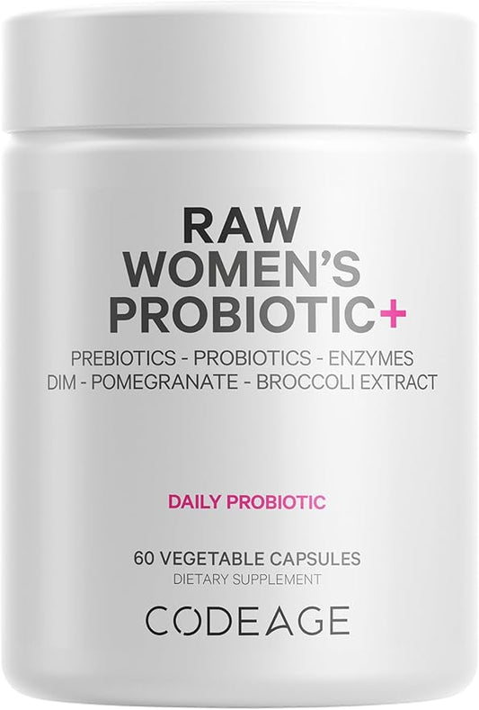 Codeage Raw Women’s Probiotic+ Supplement - 34 Probiotic Strains, 100 Billion CFUs, Digestive Enzymes, Prebiotic Blend, DIM, Herbal Extracts, Phytonutrients - Non-GMO - 30 Capsules