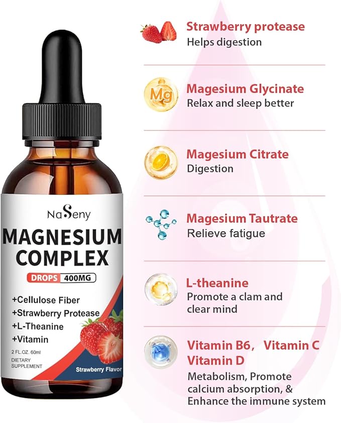 Liquid Magnesium Glycinate 400mg, Kids Magnesium Complex Drops with Vitamin B C D for Bone Health,Relaxation and Sleep Non GMO Gluten Free (2 Fl Oz/1PCS)
