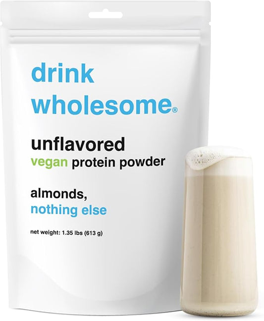 drink wholesome Vegan Unflavored Almond Protein Powder | for Sensitive Stomachs | Gut Friendly | Dairy Free | No Artificial Sweeteners or Stevia | Low Sodium, Paleo & Plant Based | for Kids & Seniors