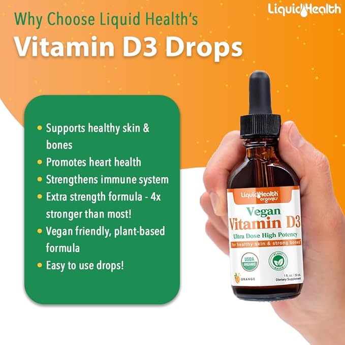 LIQUIDHEALTH Liquid Vitamin D3 5000 IU, Organic Vitamin D Liquid Drops, Adults & Kids, Vegan Liquid Vitamin D for Immune Support, Bone Health, Mood Support
