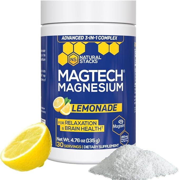 Magtein Magnesium L-Threonate, Glycinate & Taurate - MagTech Magnesium Powder - Sugar Free Lemonade Drink - 200mg Chelated Triple Complex - Supports Relaxation & Brain Health* - 30 Servings