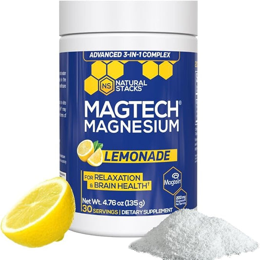 Magtein Magnesium L-Threonate, Glycinate & Taurate - MagTech Magnesium Powder - Sugar Free Lemonade Drink - 200mg Chelated Triple Complex - Supports Relaxation & Brain Health* - 30 Servings