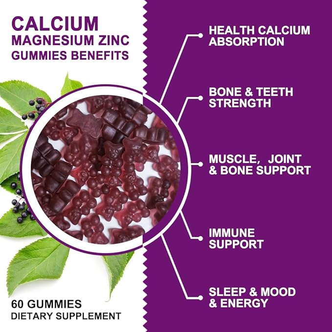 Calcium Magnesium Zinc Gummies with High Absorption Magnesium, Potassium, D3 - for Bone, Muscles, Immune & Sleep Support, Vegan