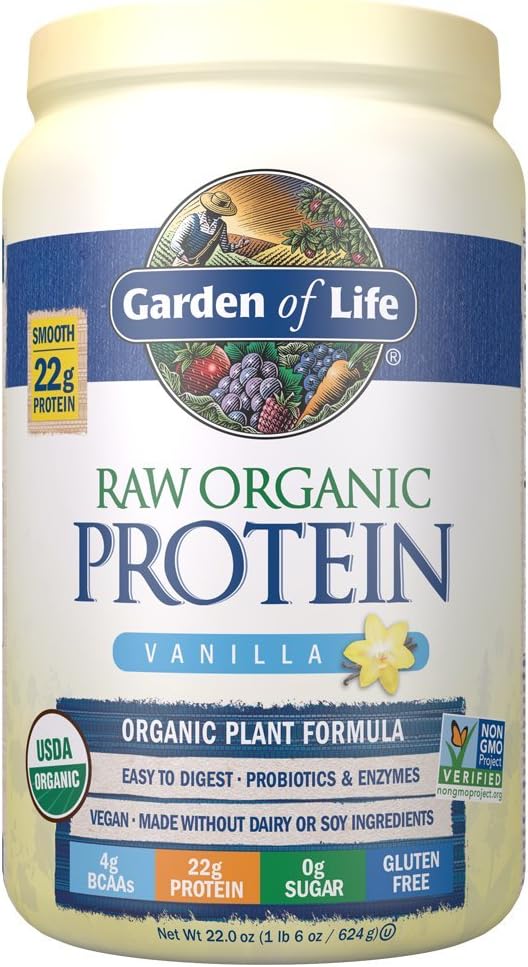 Garden of Life Raw Organic Protein Vanilla Powder, 20 Servings - Certified Vegan, Gluten Free, Organic, Non-GMO, Plant Based Sugar Free Protein Shake with Probiotics & Enzymes, 4g BCAAs, 22g Protein