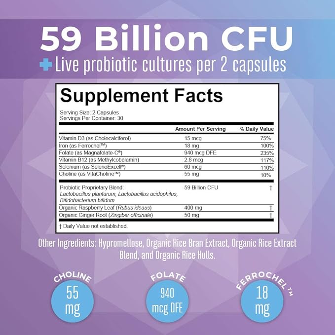 MaryRuth Organics Prenatal Vitamins & Probiotics | 59 Billion CFU | Vitamin D3 & B12 | Iron | Folate | Selenium | Choline | Vegan | Non-GMO | 60 Capsules