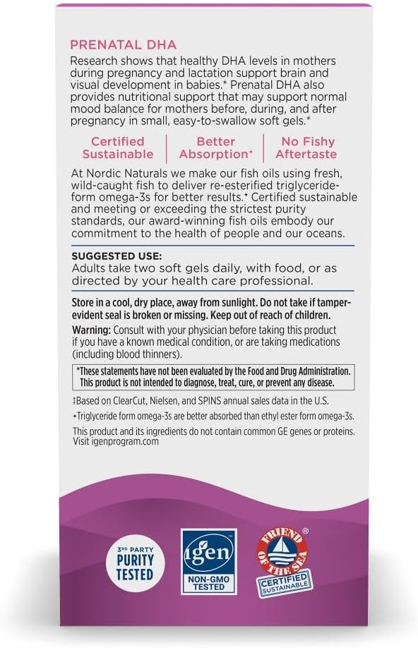 Nordic Naturals Prenatal DHA, Unflavored - 180 Soft Gels - 830 mg Omega-3 + 400 IU Vitamin D3 - Supports Brain Development in Babies During Pregnancy & Lactation - Non-GMO - 90 Servings