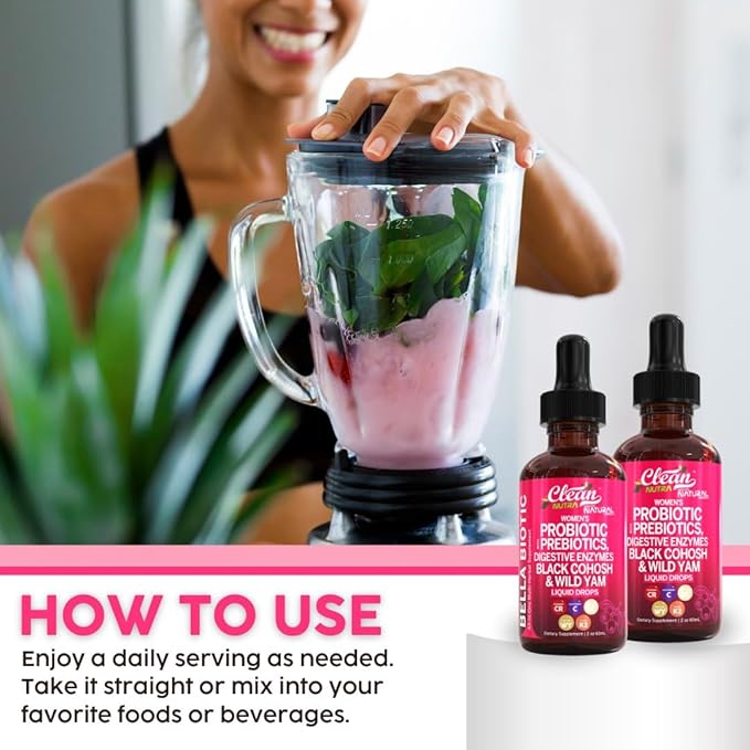 Liquid Probiotics for Women Drops with Chasteberry, Black Cohosh, Prebiotics, Digestive Enzymes, Evening Primrose Oil, Wild Yam, Cranberry Dmannose and Iron Vitamin D3 K2 Clean Nutra Bella Biotics (2)