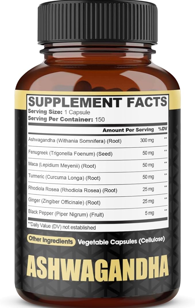 Ashwagandha Extract Capsules 7 Herbal Ingredients 8050 mg - Blended Fenugreek, Maca, Turmeric, Rhodiola, Ginger & Black Pepper - Sleep, Spirit, Immune & Energy Support - 5-Month Supply