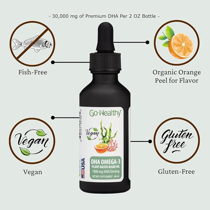 Go Healthy DHA Omega 3 Supplement Liquid Drops for Kids, Children, Infants & Adults - Vegan Omega 3 Fish Oil Alternative, Orange Flavor, 30,000 mg DHA per Bottle 30-120 Servings