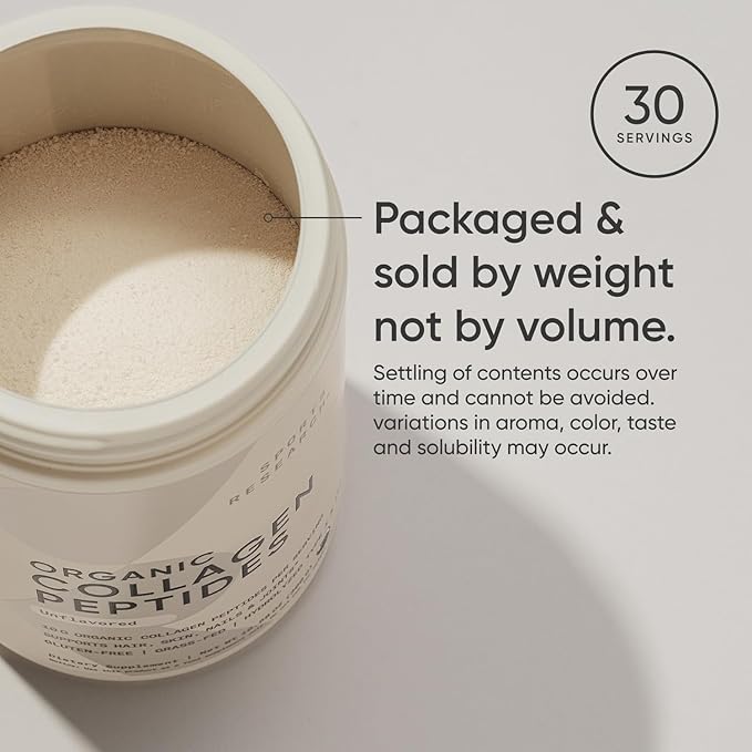 Sports Research® Organic Collagen Peptides - Hydrolyzed Type I & III Collagen Protein Powder Sustainably Sourced from Grass-Fed Bovine - Unflavored, Organic Certified & Gluten Free - 30 Servings