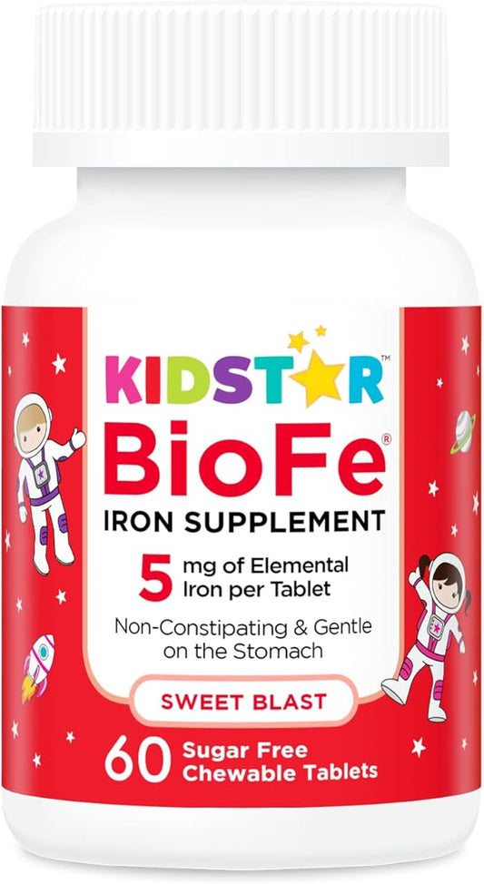 KidStar Nutrients BioFe Pure Iron Chewable Tablets for Kids & Adults, Sweet Blast, No Sugar, Sweetened with Xylitol, 60 Chewable Tablets