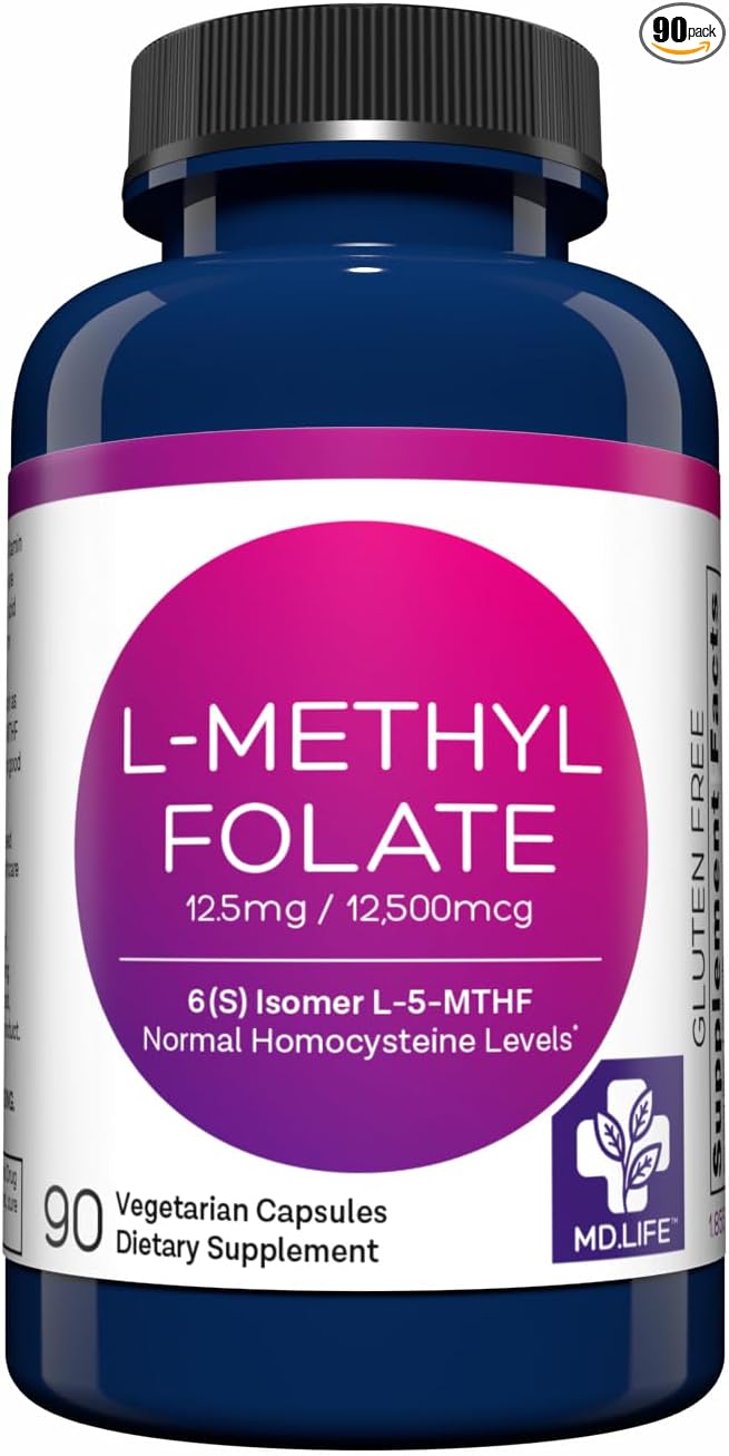 MD Life L Methylfolate 12.5mg - Professional-Grade Active Methylfolate Supplement - Maximum Potency MTHFR Supplements - L methylfolate 12.5mg 90 Capsules - Essential Amino Acids