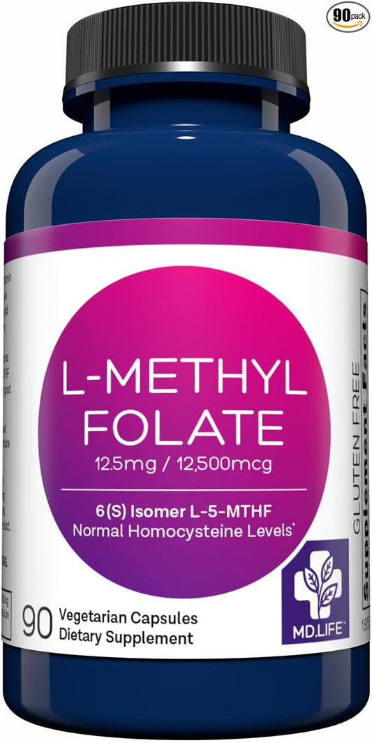 MD Life L Methylfolate 12.5mg - Professional-Grade Active Methylfolate Supplement - Maximum Potency MTHFR Supplements - L methylfolate 12.5mg 90 Capsules - Essential Amino Acids