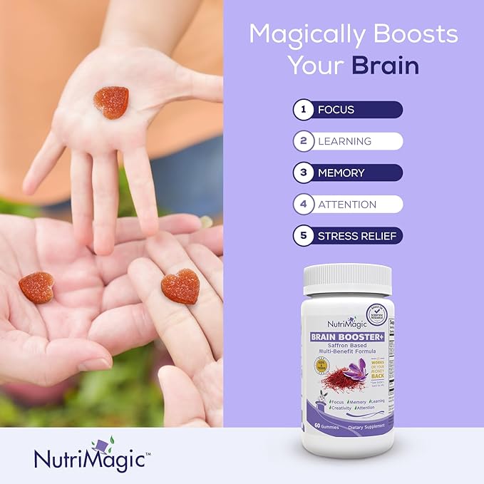 Brain Booster+ 30mg Pure Saffron Extract Gummies & Multivitamin D3, B6, B12, Zinc, Supports Kids Focus, Memory, Attention & Mood Balance - Promotes Brain Health Support, 60x Non-GMO Gummy