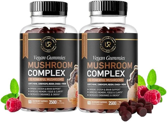 Mushroom Gummies | 10 Mushroom Supplement | 2 pack | Turkey Tail, Chaga, Reishi, Cordyceps & Lions Mane Organic Mushroom Extracts, Nootropic Brain Booster for Focus, Memory, Clarity, Energy | 120ct