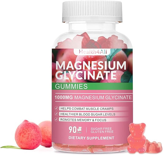 Magnesium Glycinate Gummies 1000mg, High Absorption Sugar Free Magnesium Potassium Supplement for Relaxation, Stress Relief, and Sleep Support for Adults & Kids - 90 Peach Gummies