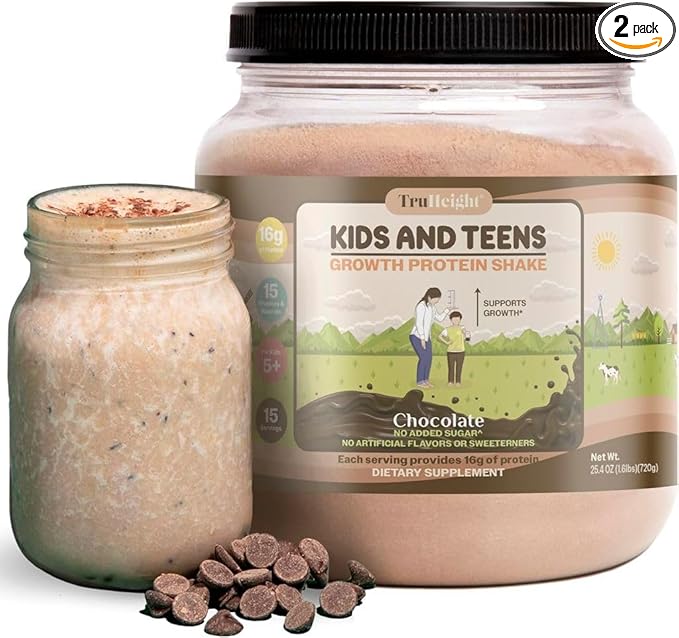 TruHeight Growth Protein Shake (Chocolate Milk Flavor, Whey) Natural Growth & Development Protein Powder for Kids & Teens - Weight Gain Drinks - Endorsed by Pediatricians, Picky Eater Vitamin, Ages 5+