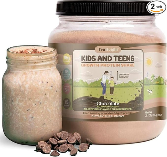 TruHeight Growth Protein Shake (Chocolate Milk Flavor, Whey) Natural Growth & Development Protein Powder for Kids & Teens - Weight Gain Drinks - Endorsed by Pediatricians, Picky Eater Vitamin, Ages 5+