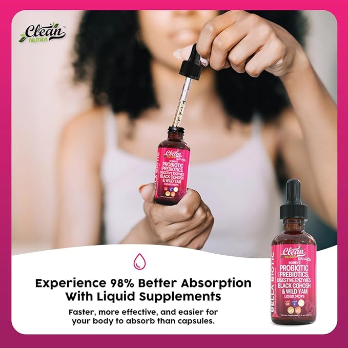 Liquid Probiotics for Women Drops with Chasteberry, Black Cohosh, Prebiotics, Digestive Enzymes, Evening Primrose Oil, Wild Yam, Cranberry Dmannose and Iron Vitamin D3 K2 Clean Nutra Bella Biotics