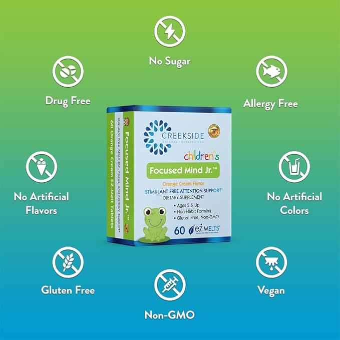 Focused Mind Jr., Cognitive Support for Children, Pediatrician Formulated, Stimulant-Free Supplement with Inositol, DMAE, Sugar-Free, Vegan, 60 EZ Melt Tablets