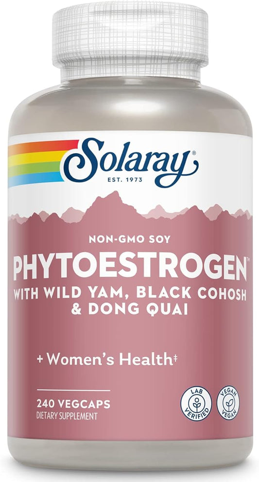 SOLARAY PhytoEstrogen Menopause Supplements - Wild Yam, Black Cohosh, and Dong Quai Estrogen Pills for Women's Health - Vegan, Lab Verified, 60-Day Guarantee (60 Servings, 240 VegCaps)