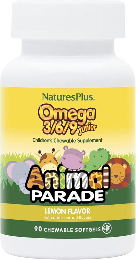 Natures Plus Animal Parade Omega 3/6/9 Junior, Lemon Flavor - 90 Softgels - Promotes Children’s Immune, Skin, Eye & Nervous System Health - Non-GMO, Gluten Free - 45 Servings
