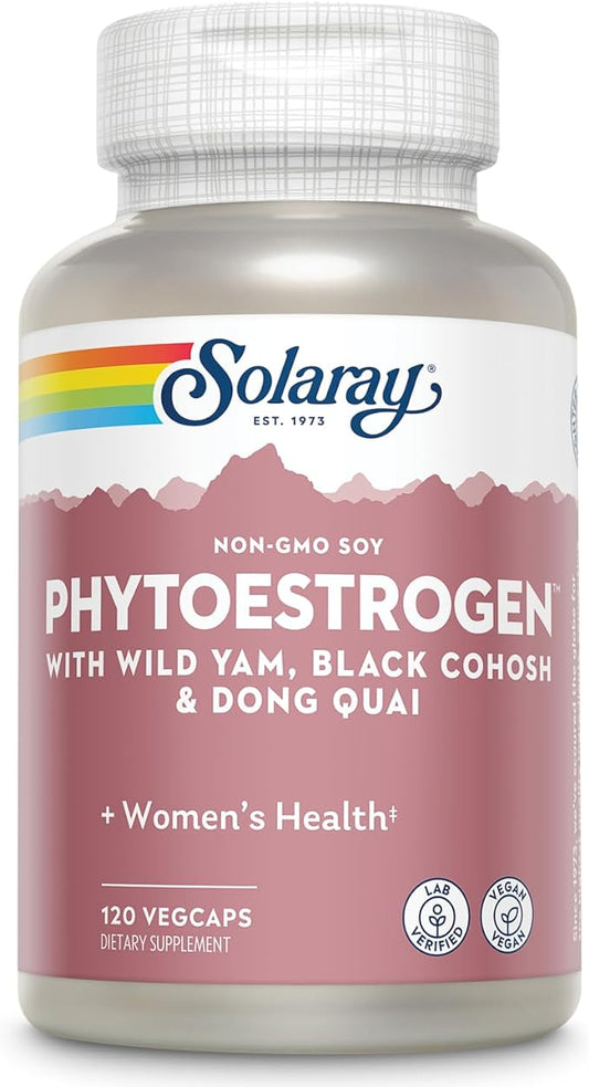 SOLARAY PhytoEstrogen Menopause Supplements - Wild Yam, Black Cohosh, and Dong Quai Estrogen Pills for Women's Health - Vegan, Lab Verified, 60-Day Guarantee (30 Servings, 120 VegCaps)