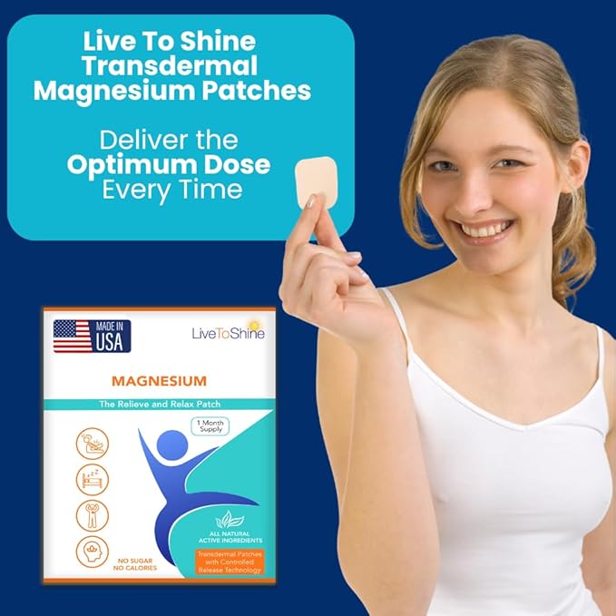 Magnesium Patches for Men and Women - Sleep Support & Relaxation, Muscle Recovery, Nerve Function - USA Made - 30 Premium Fast-Acting, Slow-Release Patches - Live To Shine