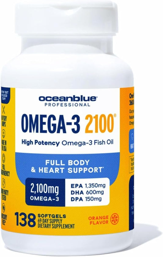 Oceanblue Professional Omega-3 2100 – 138 ct Bonus Bottle– Triple Strength Burpless Fish Oil Supplement with High-Potency EPA, DHA, DPA – Wild-Caught – Orange Flavor, 69 Servings