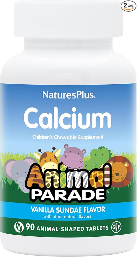 NaturesPlus Animal Parade Calcium, Vanilla Sundae Flavor - 90 Animal-Shaped Chewable Tablets - Pack of 2 - Promotes Healthy Bones - Vegan, Gluten Free - 180 Total Servings