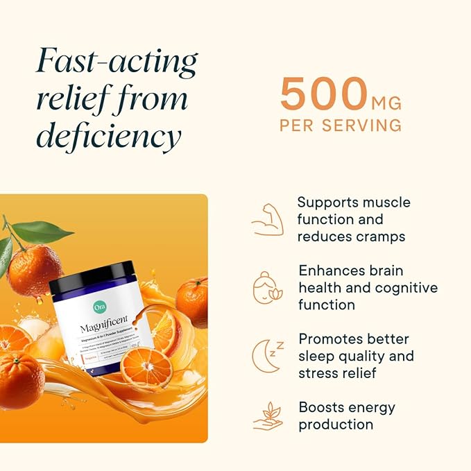 Ora Organic Magnesium Complex Powder Supplement - 4-in-1 Magnesium: Glycinate, Taurate, Malate & Citrate | Vegan, Gluten-Free | Tangerine Flavor | Calm Support for Sleep, Stress & Muscles | 30 Serving