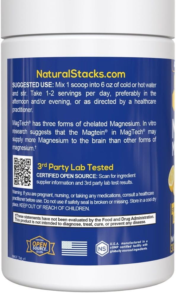Magtein Magnesium L-Threonate, Glycinate & Taurate - MagTech Magnesium Powder - Sugar Free Lemonade Drink - 200mg Chelated Triple Complex - Supports Relaxation & Brain Health* - 30 Servings