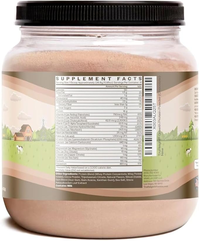 TruHeight Growth Protein Shake (Chocolate Milk Flavor, Whey) Natural Growth & Development Protein Powder for Kids & Teens - Weight Gain Drinks - Endorsed by Pediatricians, Picky Eater Vitamin, Ages 5+