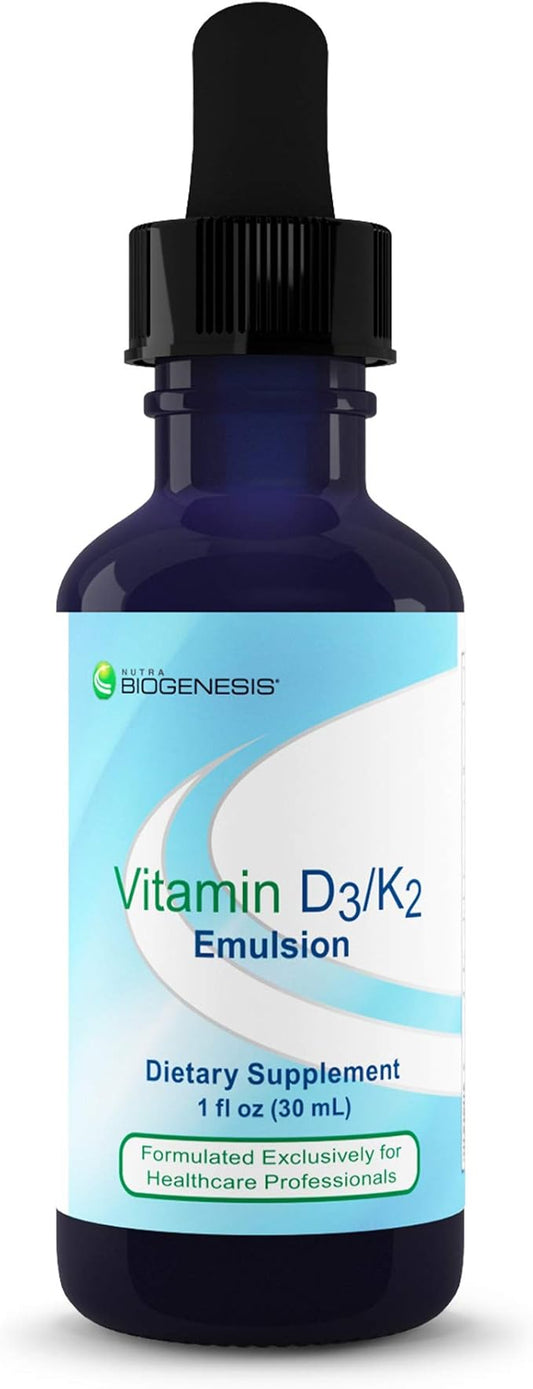 Nutra Biogenesis Vitamin D3/K2 Emulsion - Liquid Vitamin D Drops with MCT Oil, D3 K2 Supplement for Adults and Kids, Sublingual Oil Dropper for Women and Men - 1 Fl Oz Bottle (30 ml)