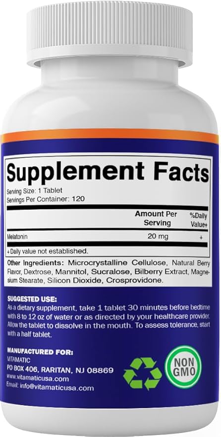 Vitamatic Melatonin 20 mg Tablets | Vegetarian, Non-GMO, Gluten Free | HIGH Potency 20 MG | Natural Berry Flavor (1/2 Tablets = Melatonin 10 mg) (120 Count (Pack of 6))