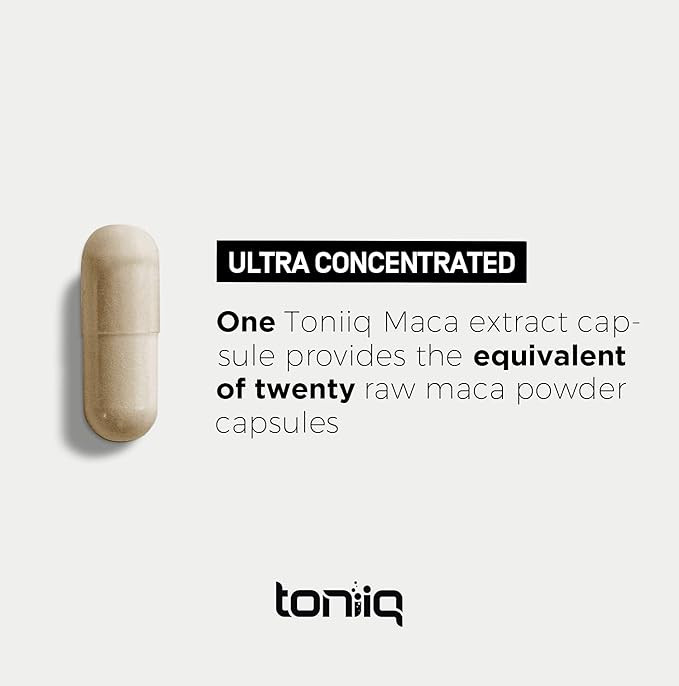 Toniiq 10,000mg 20x Concentrated Extract - Single Origin Wildcrafted Maca Root Capsules - Ultra High Strength - Highly Purified Peruvian Maca Root Powder - Black, Red and Yellow Maca Complex